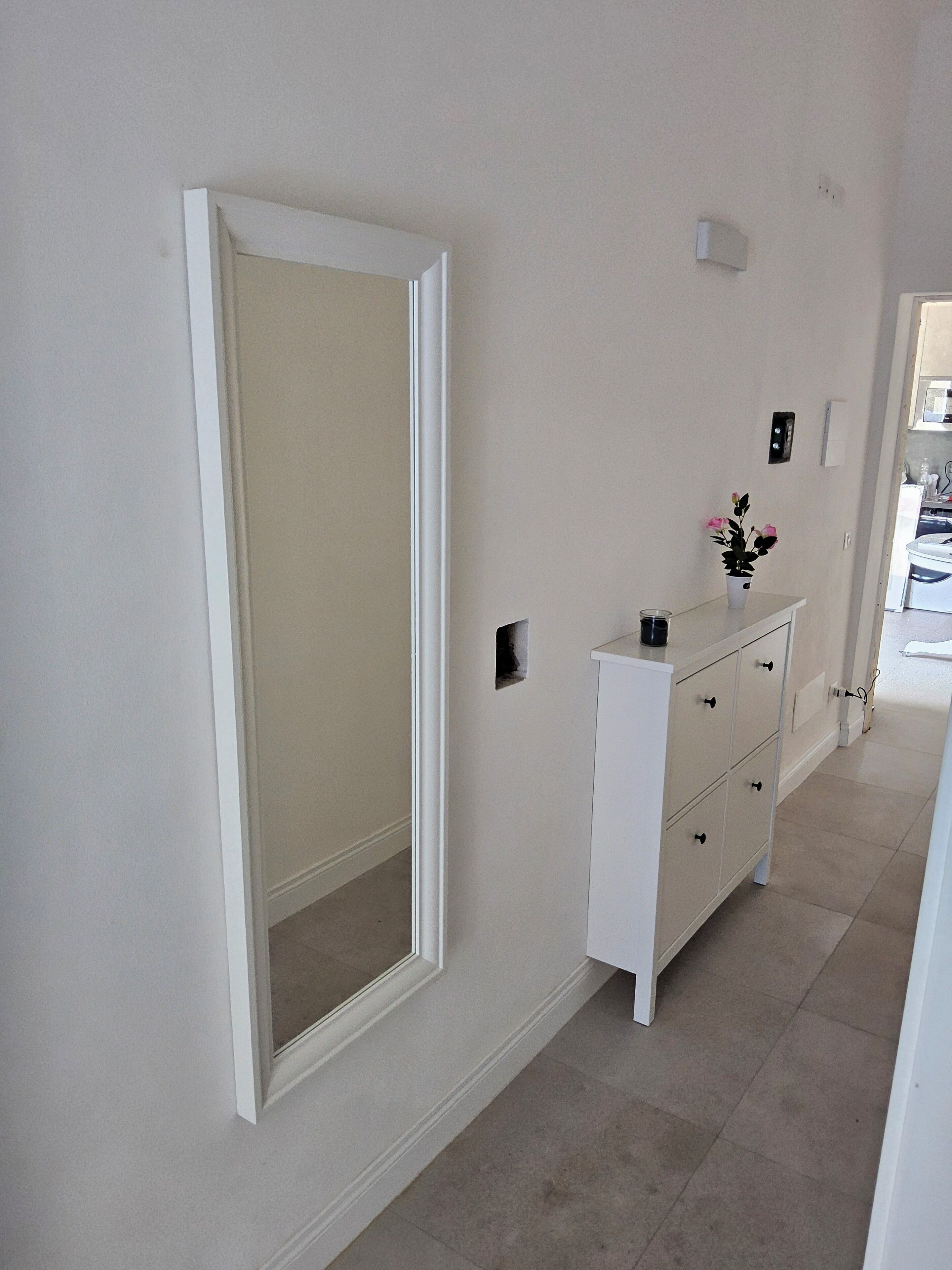A hallway with a white door, a white dresser, and a small potted plant on the dresser.