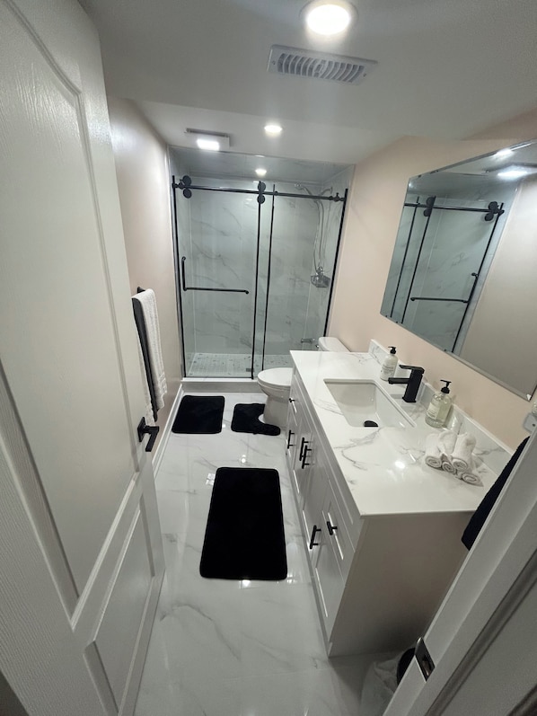 Shower, hair dryer, towels, soap