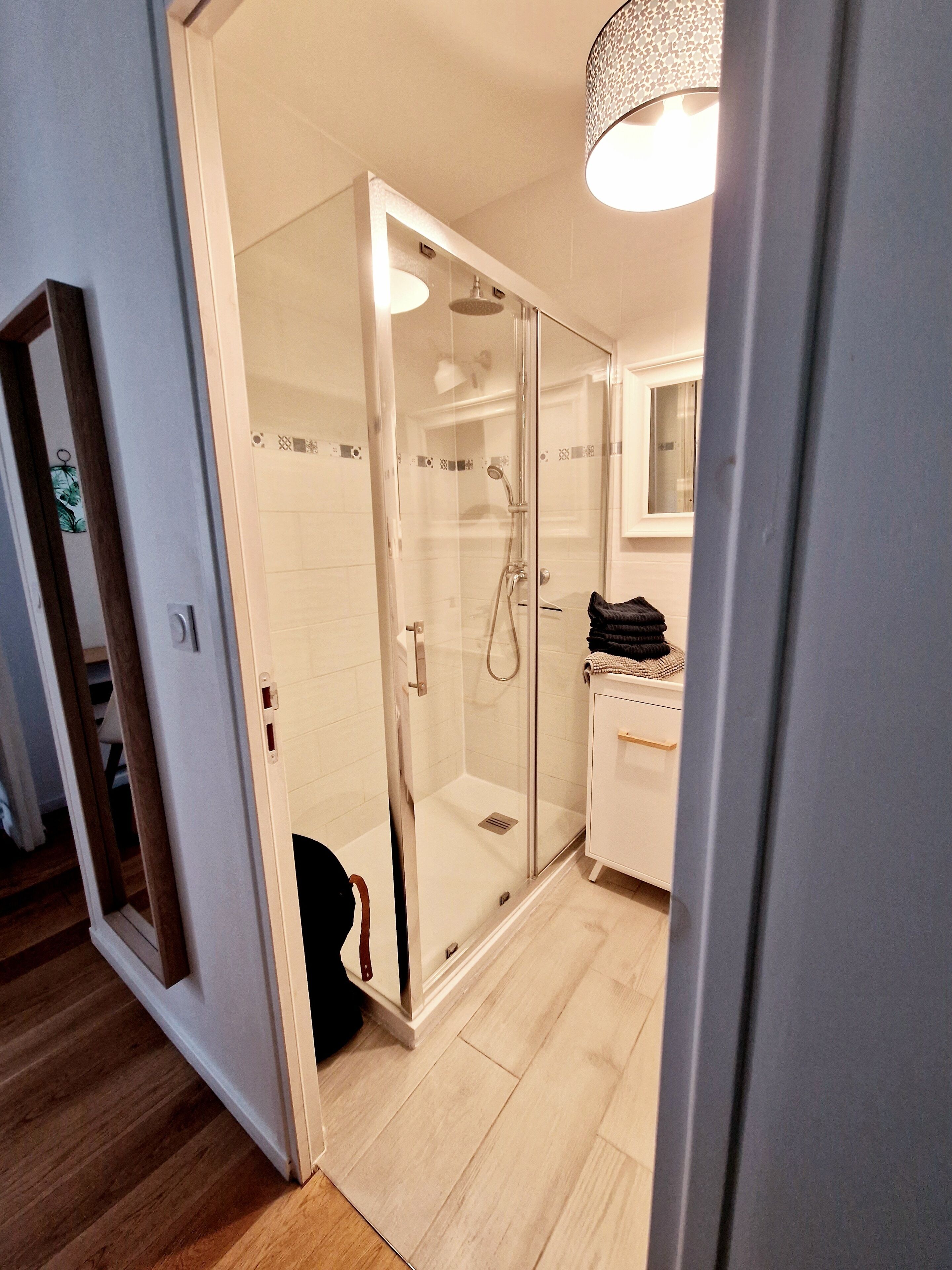 Shower, hair dryer, towels, toilet paper