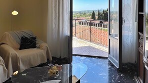 Een woonkamer met een bank, een glazen bijzettafeltje en uitzicht op een balkon met een hekwerk.
