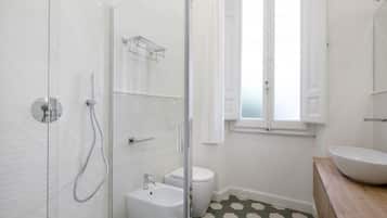 Shower, free toiletries, hair dryer, bidet