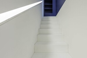 A staircase with white steps and a blue wall at the top.
