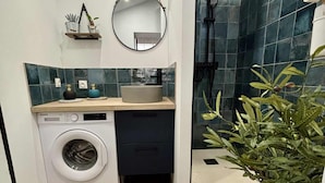 A compact kitchen with a washing machine, a sink, and a mirror. - La Mandragore (Calais)