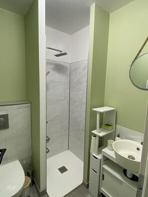 Shower, hair dryer, towels, toilet paper