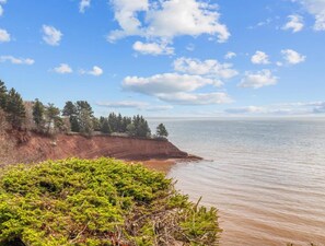 Una propiedad costera con un acantilado, abundante vegetación y vistas al mar.