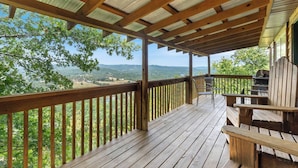 A wooden deck with a metal roof, overlooking a scenic landscape.