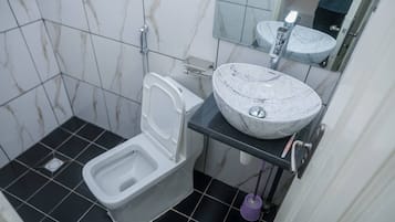 Hair dryer, towels, soap, toilet paper