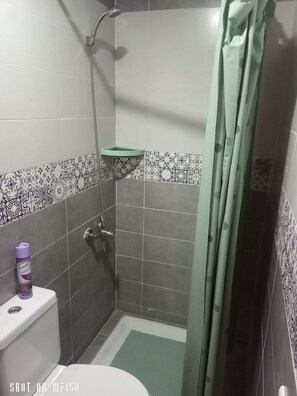 Shower, towels, toilet paper