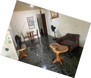 Un salon avec un canapé, une table et un ventilateur.