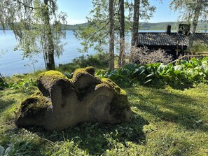 Formación rocosa cubierta de musgo en un paisaje exuberante y verde, con un lago y una casa al fondo.
