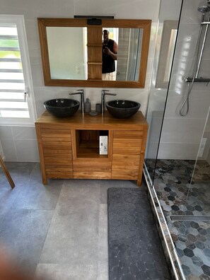 Hair dryer, towels, soap