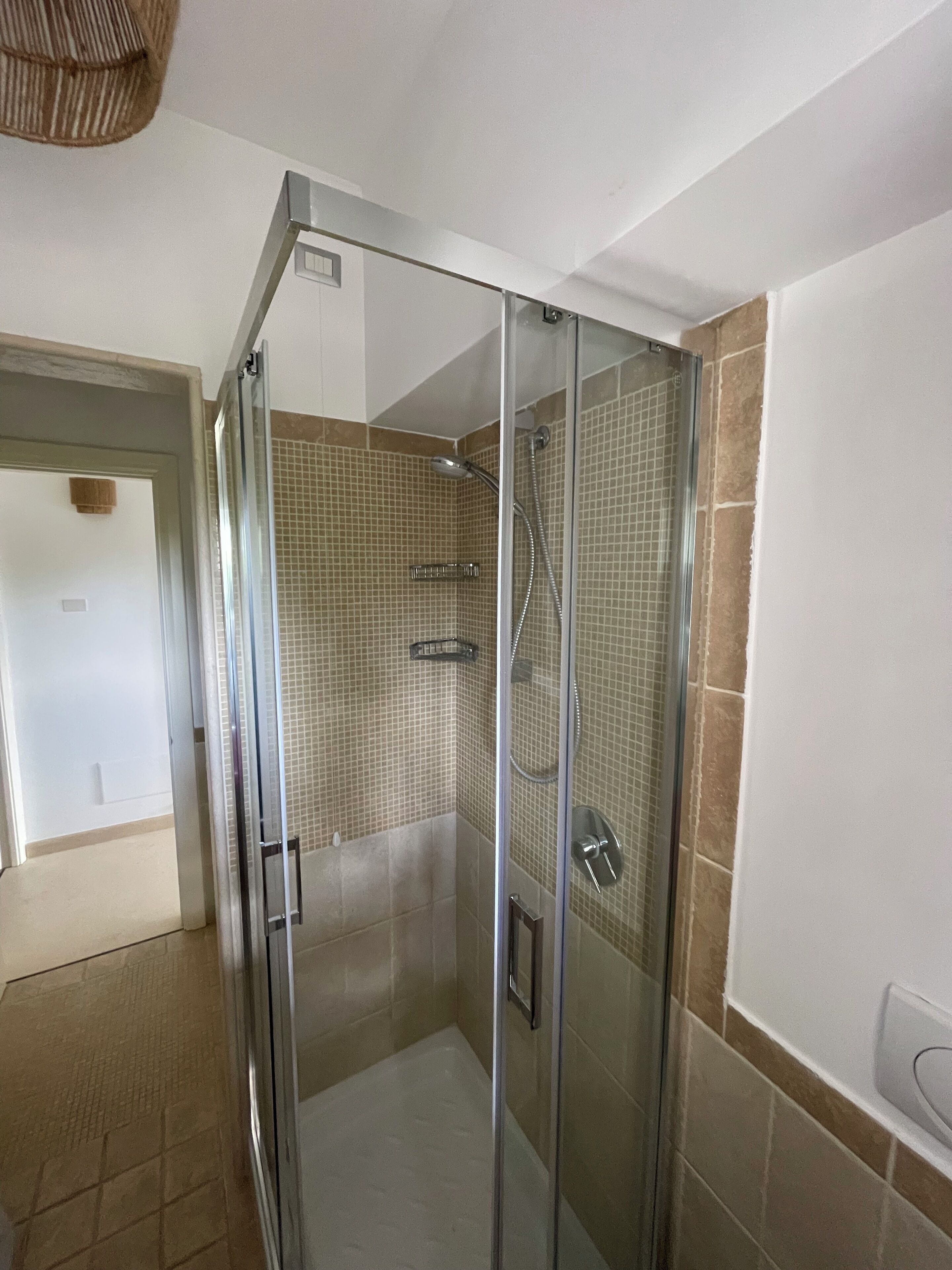 Un espace douche clos par des parois de verre, avec des murs carrelés et une porte donnant sur un couloir.