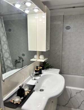 Haartrockner, Handtücher, Seife, Toilettenpapier