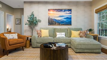 Smart TV, fireplace, foosball, books