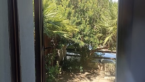 An open door leading to a patio with a view of a garden and a parked car.