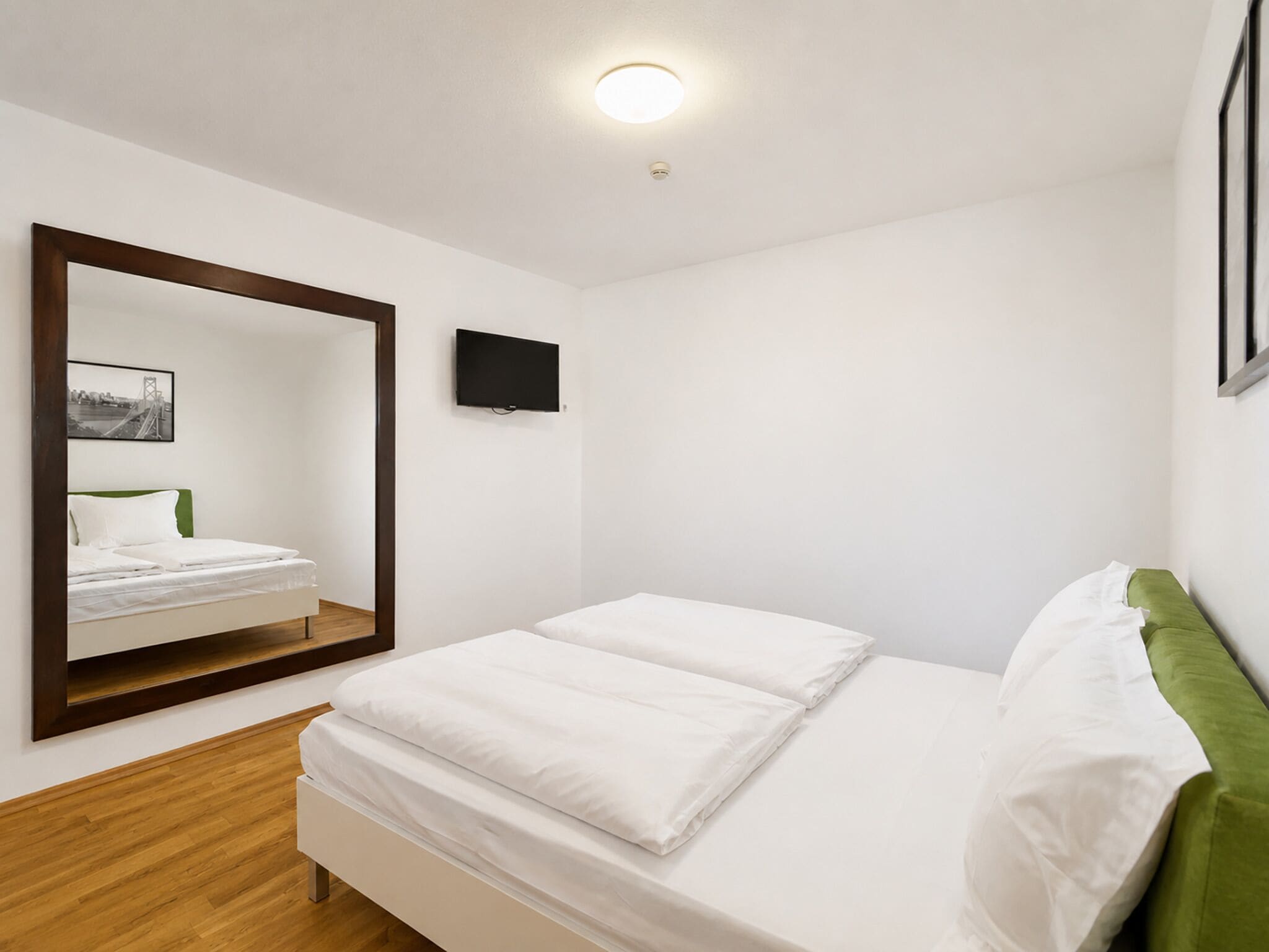 A bedroom with a bed, a mirror, a television, and a framed picture on the wall.