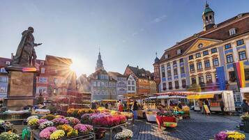 A historic square with cobblestone pavement, a statue, and colorful buildings.