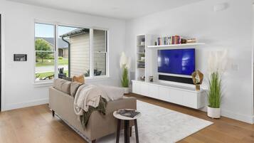 Smart TV, chimenea y estéreo