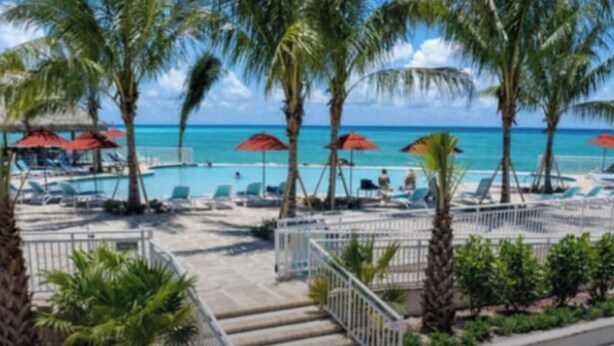 A resort pool area with palm trees, lounge chairs, and umbrellas.