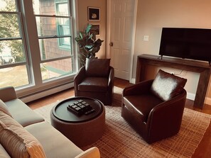 Smart TV, fireplace, books