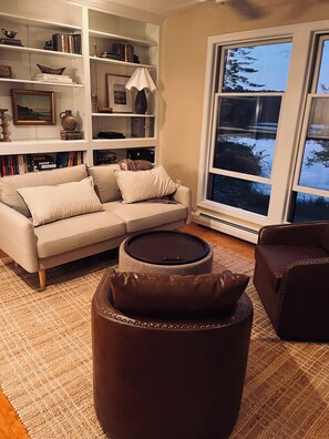 Smart TV, chimenea y libros 