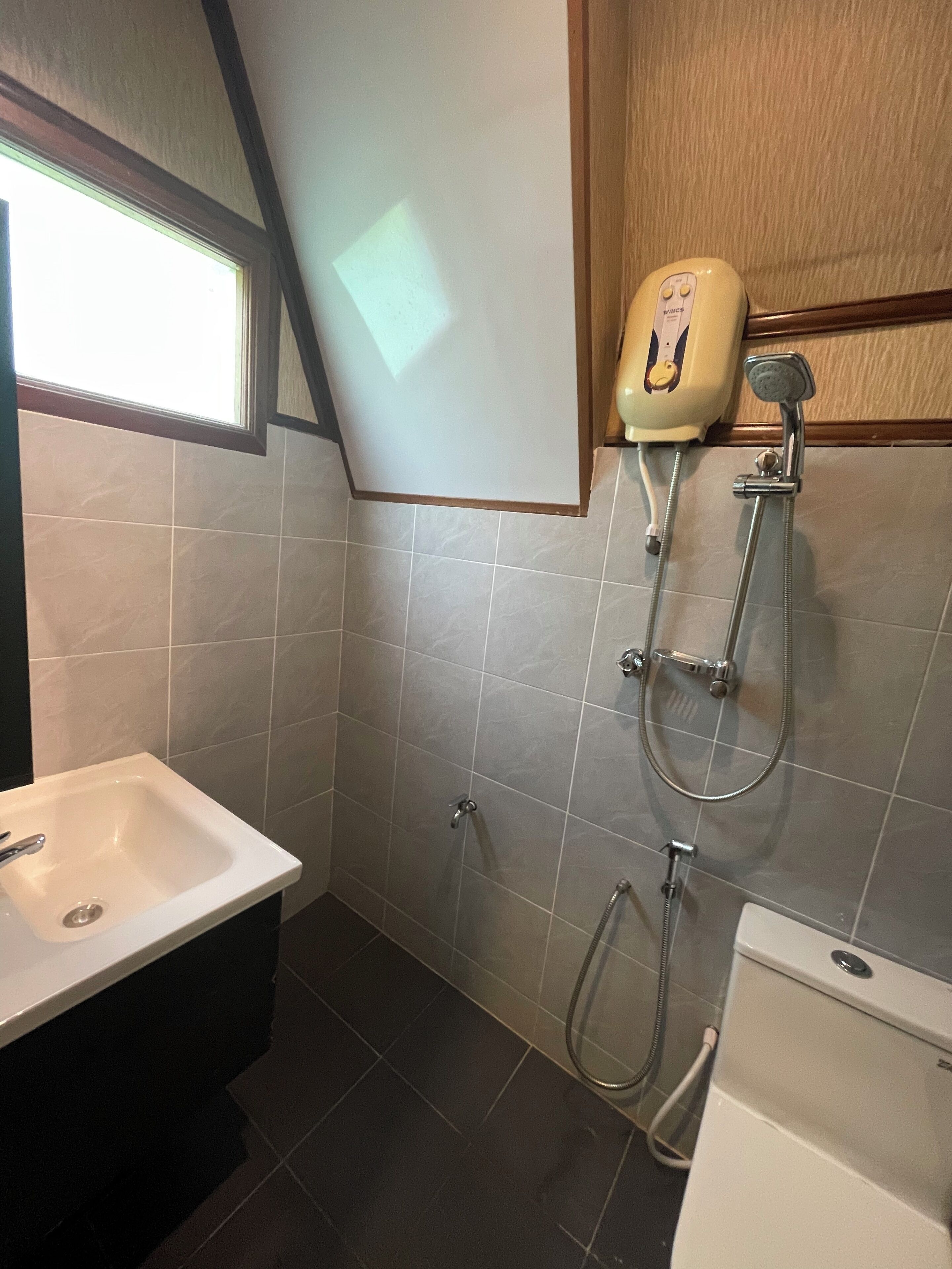 A bathroom with a sink, a shower, and a toilet.