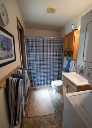 Shower, towels, soap, toilet paper