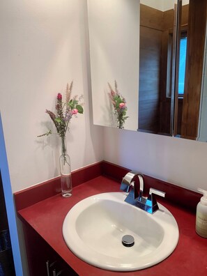 Ein Badezimmer mit einem weißen Waschbecken, einem Spiegel und einer Vase mit Blumen.