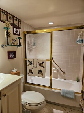 Shower, hair dryer, towels, soap