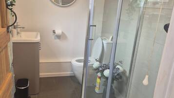 Shower, hair dryer, towels, toilet paper
