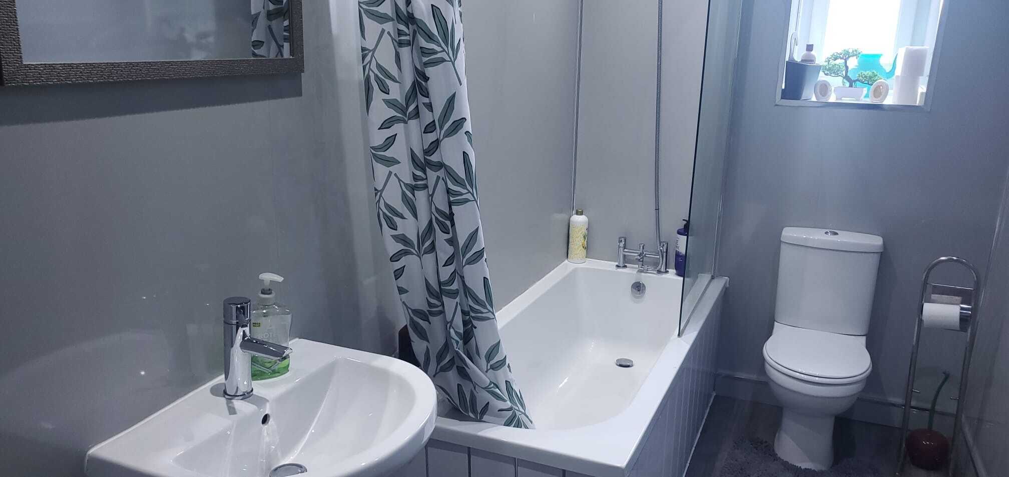 Hair dryer, towels, soap, toilet paper
