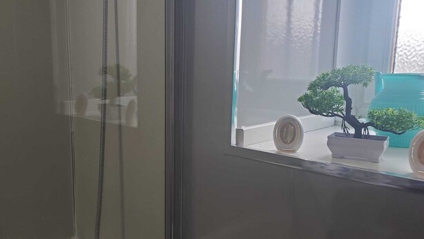 Una ventana con vistas a un pequeño jardín interior, que incluye un bonsái y una planta en maceta.