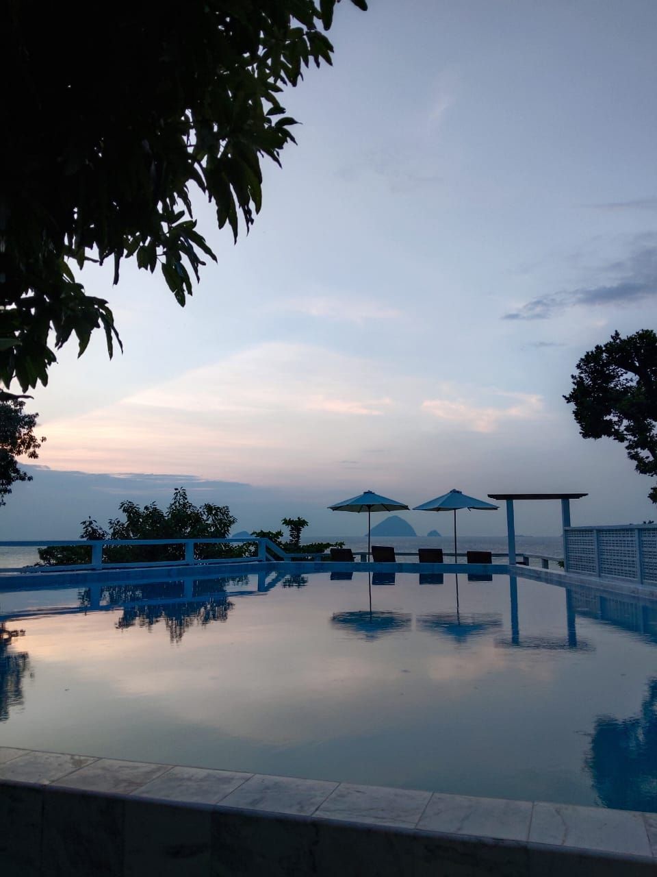 Una piscina infinita con sillas de descanso y sombrillas, rodeada por una valla blanca y árboles.