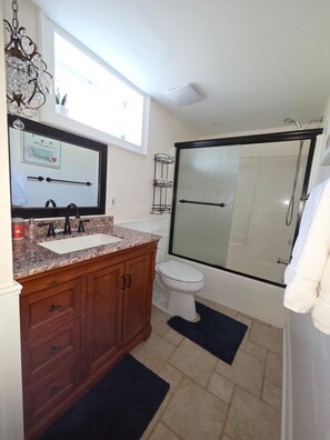 Hair dryer, towels, soap, toilet paper