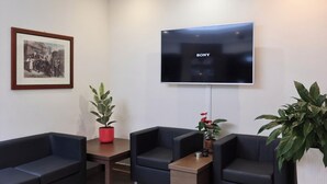 A modern waiting area with a flat-screen TV, two sofas, a small table, and potted plants. - Raya Hotel (Mediglia)