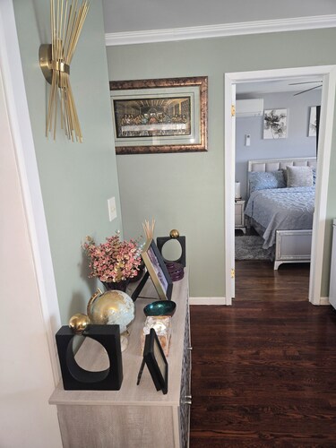 Tranquil room and bathroom in a house with AC and central heating system