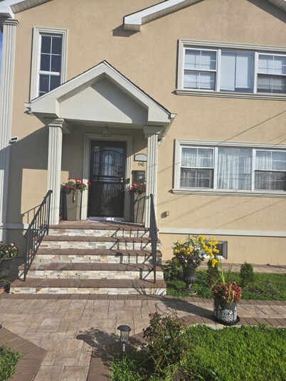 Tranquil room and bathroom in a house with AC and central heating system