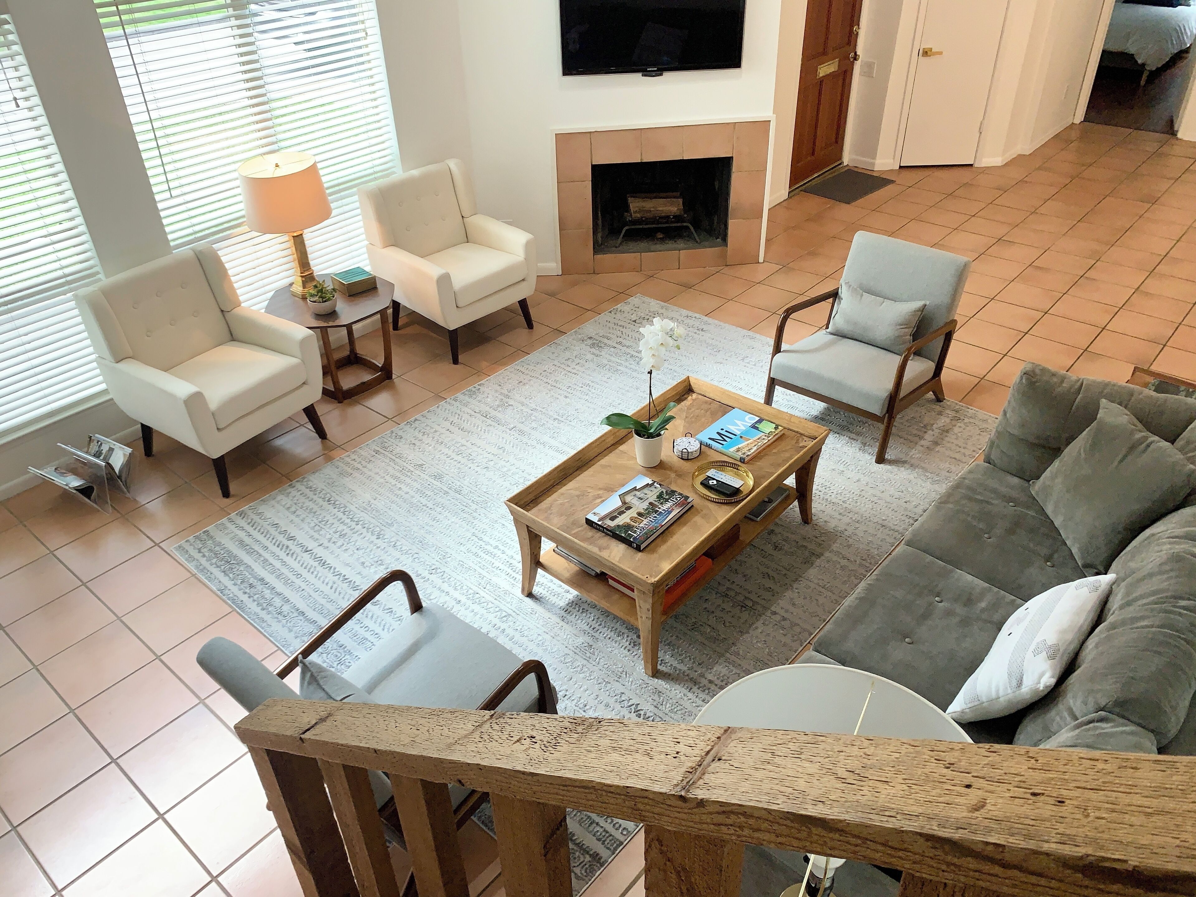 Smart TV, fireplace, books