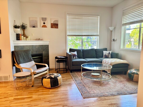 Smart TV, chimenea y libros 