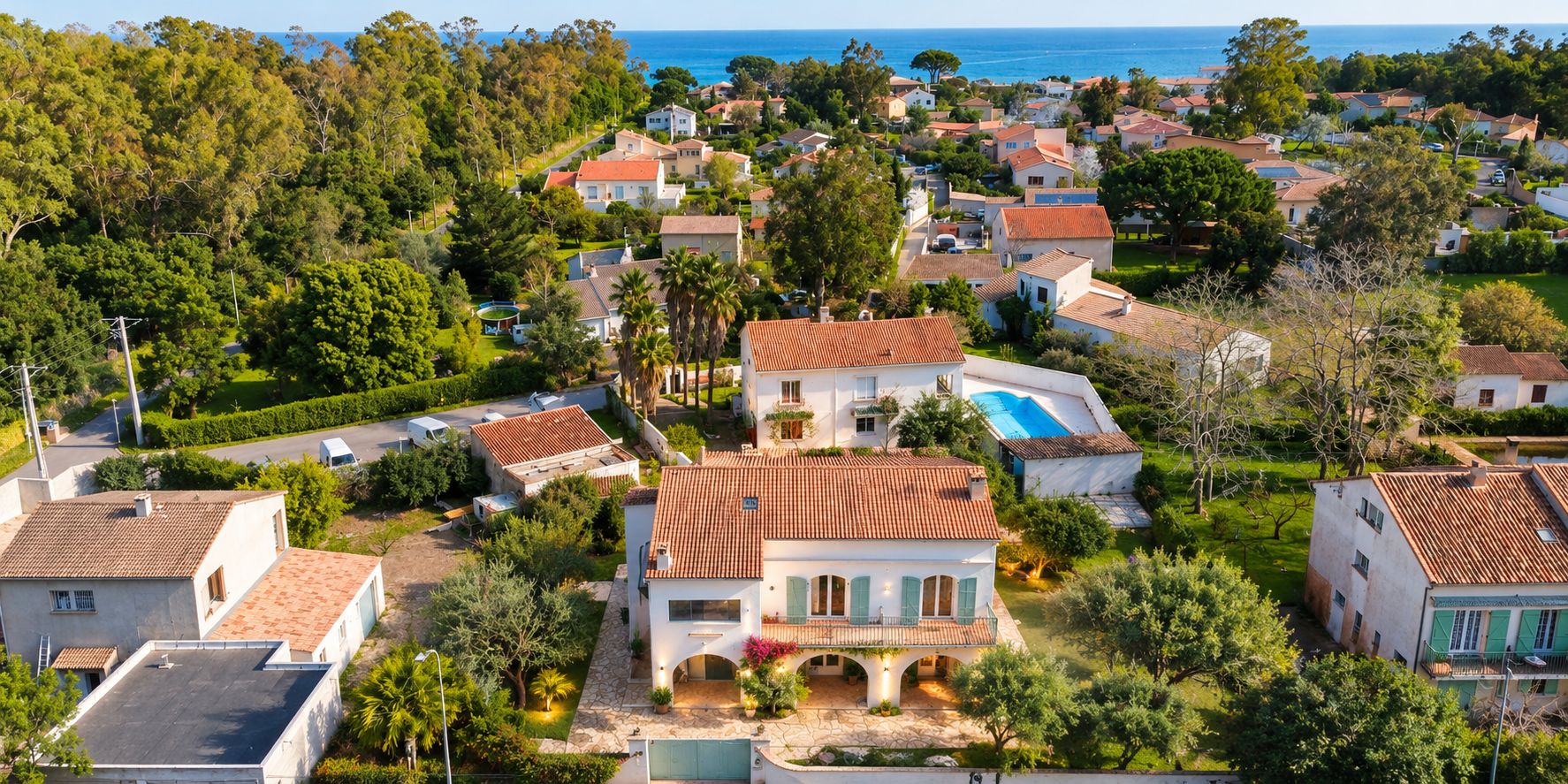 A residential area with houses, a swimming pool, and a view of the sea.