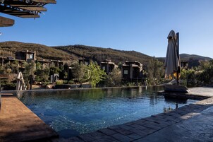 Una piscina al aire libre, camas de piscina gratis, sombrillas