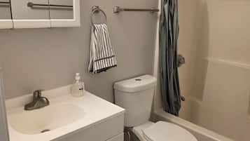 Secadora de cabello, toallas, jabón, papel de baño
