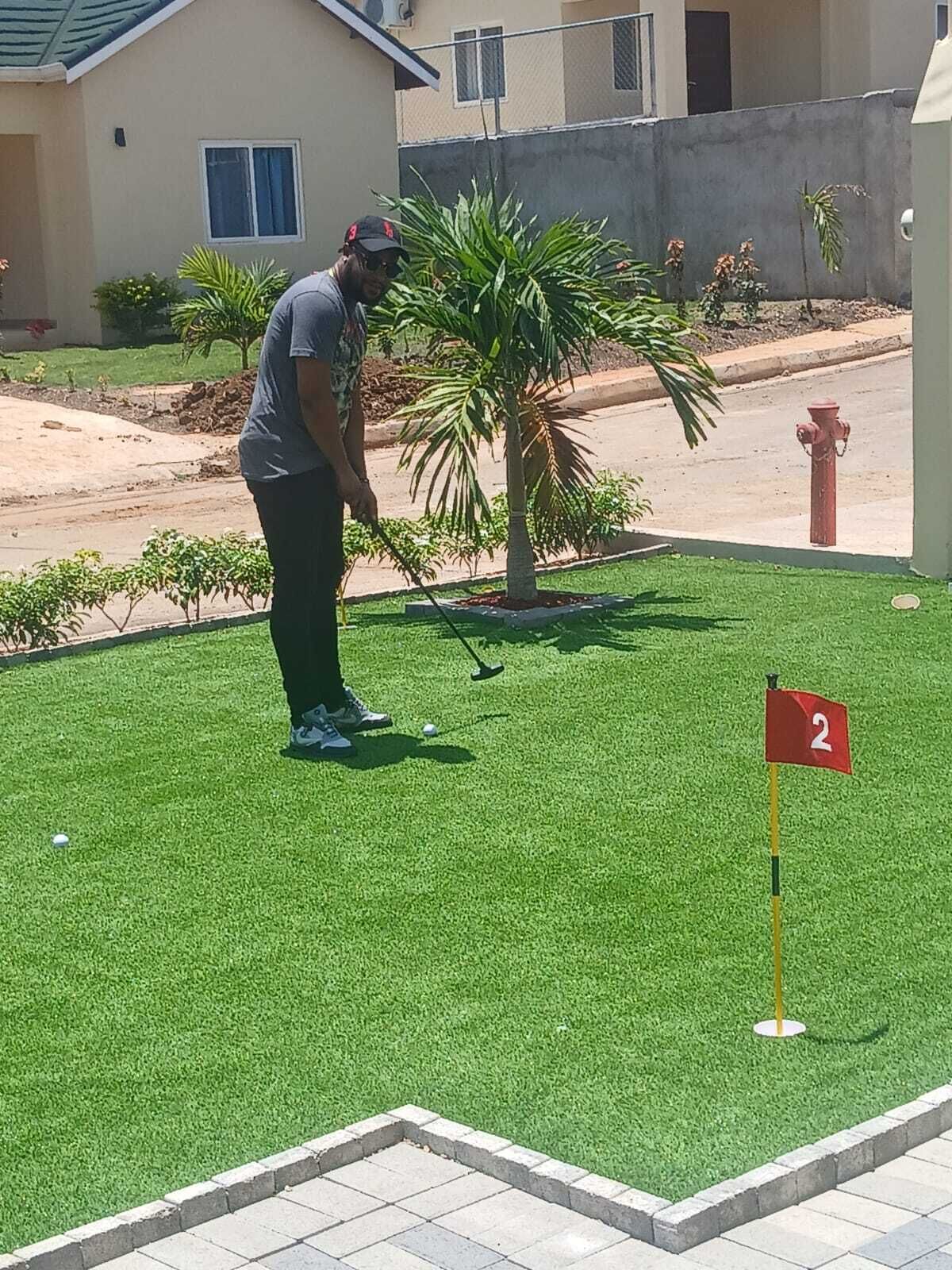 A person playing golf on a green with a flag marked '2'.