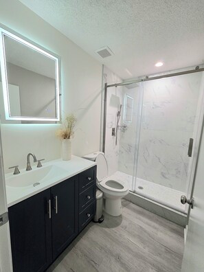Shower, hair dryer, towels, soap
