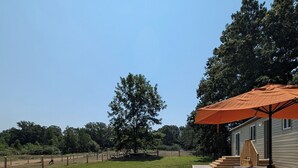Un espacio al aire libre con césped, un patio y un edificio con toldo naranja.