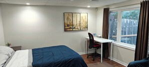 1 bedroom, desk, bed sheets