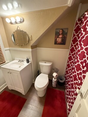 Secadora de cabello, toallas, jabón, papel de baño 