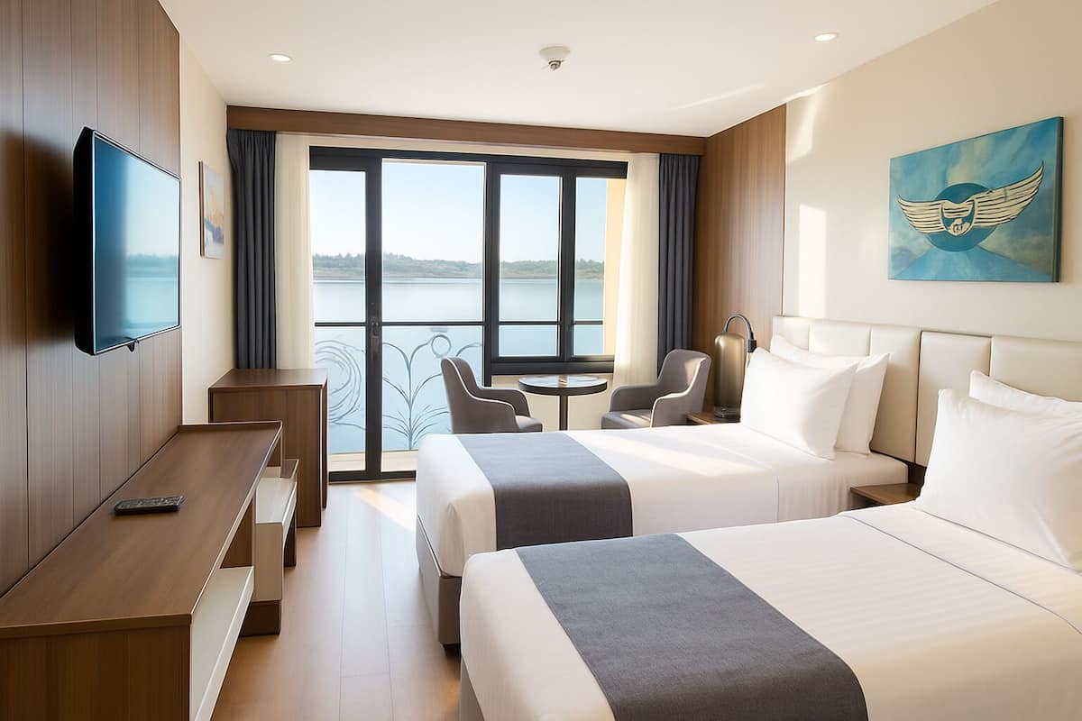 A hotel room with two beds, a desk, a TV, and a view of the water.
