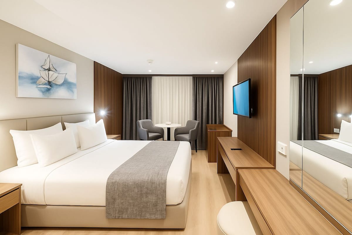 A modern hotel room with a large bed, a desk, a chair, a TV, and a painting on the wall.