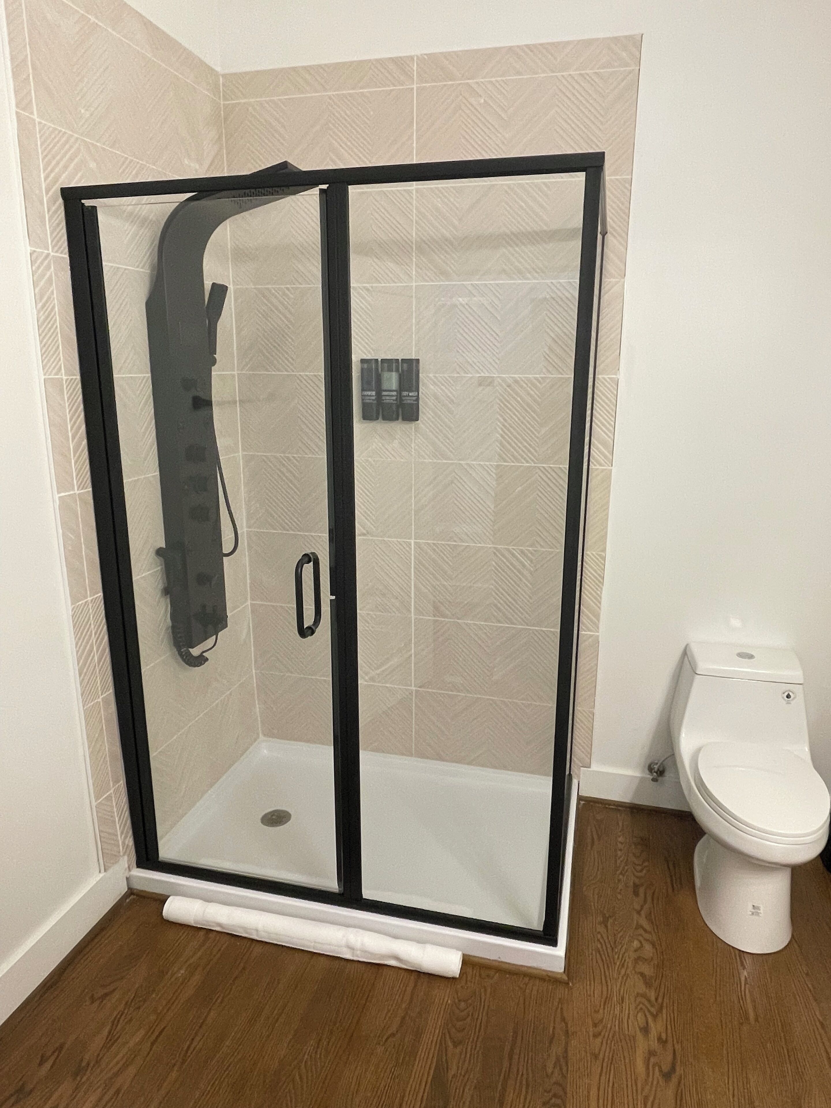 Regadera, secadora de cabello, toallas, jabón 